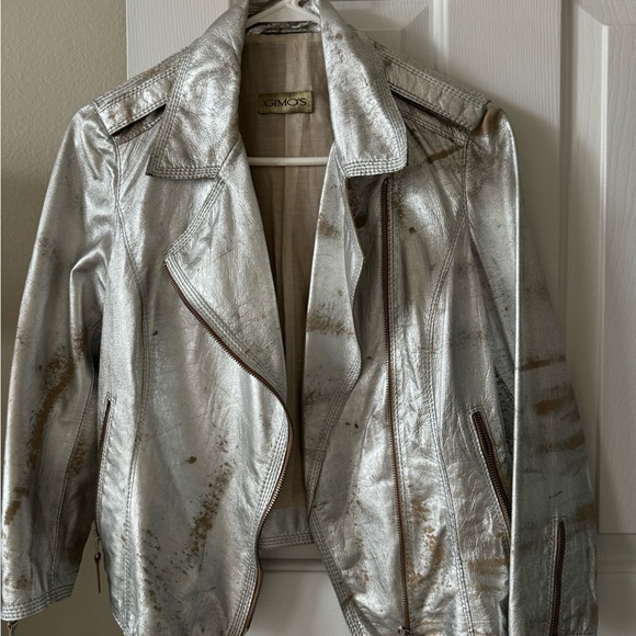 NWOT GIMO'S Cropped Leather Biker Jacket,  XS Silver Distressed LEATHER, - Picture 9 of 9